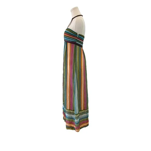 Catherine Malandrino Runway 100% Silk Chiffon Rainbow Halter Maxi Dress  Pockets